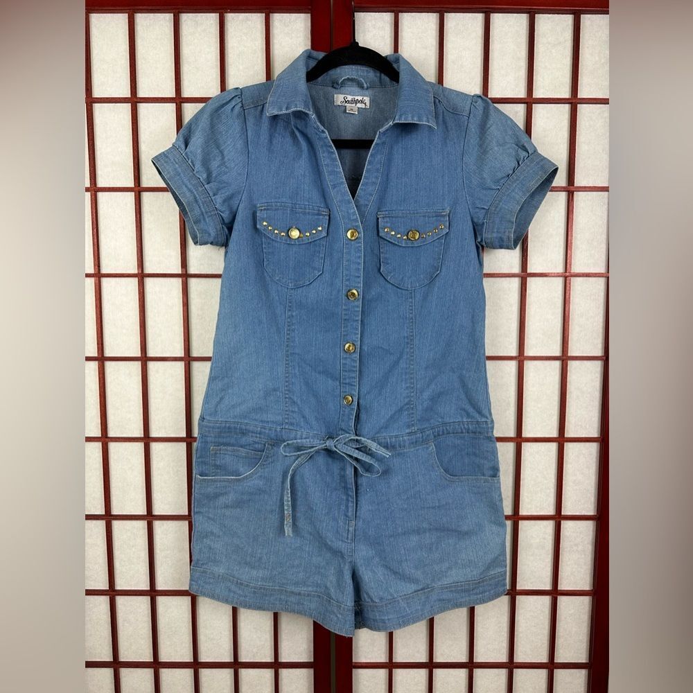 Y2K South Pole Medium Wash Soft Denim Romper Short Sleeve Embroidered M